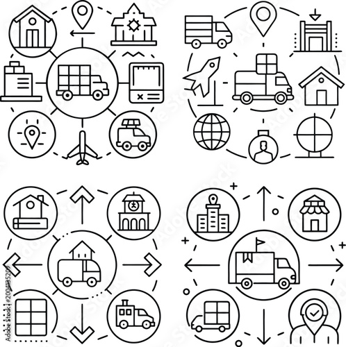 Photos Illustrative representations of interconnected logistics, featuring a truck at the heart of the design, symbolizing global delivery systems