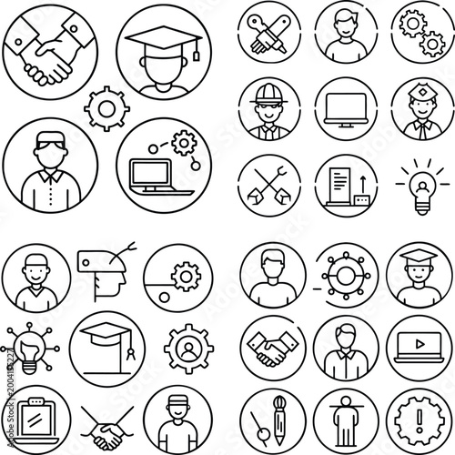 A comprehensive collection of interconnected icons representing various professions, education, and collaboration.