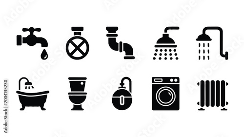 A set of black and white laundry and bathroom icons including a sink, toilet, shower, bathtub, washing machine, and radiator are shown.