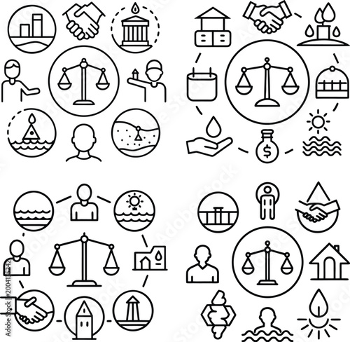 A complex illustration capturing legal balance, community collaboration, and environmental awareness, showcasing a harmonious network of icons.