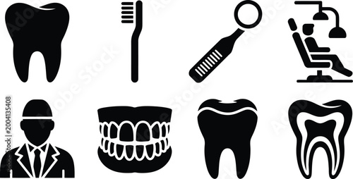 Set of black dental icons for modern dentistry clinics and oral health care web design projects