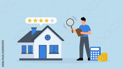 Detailed 4K animation showing a professional male entrepreneur evaluator inspector conducting a property appraisal assessment of a real estate asset with a five star feedback rating system.