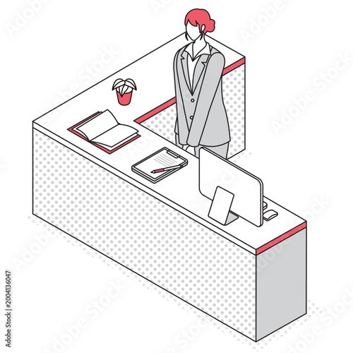 L字型受付カウンターに立つ女性スタッフのアイソメトリック線画イラスト