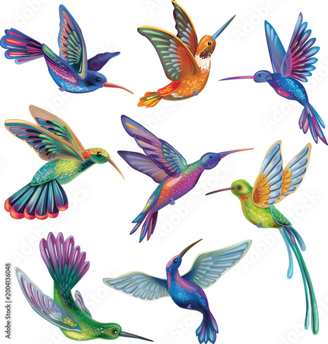 Vibrant tropical hummingbird in flight isolated on light background