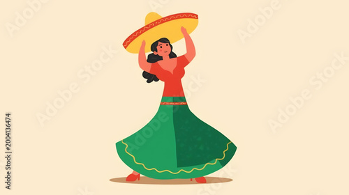 Woman dancing on Cinco De Mayo celebration with sombrero and green skirt outdoors