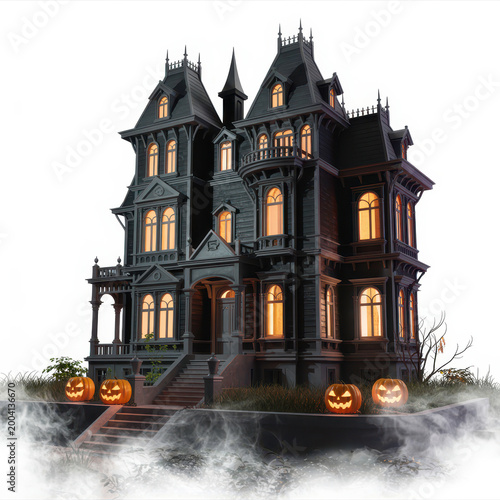 A spooky dark haunted mansion with glowing windows and jack o lantern pumpkins on the front lawn