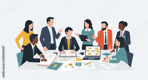 Team meeting with diverse professionals collaborating around table with documents and laptops. Business meeting includes brainstorming session with diverse group.