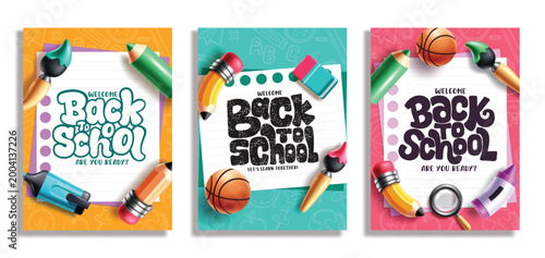Back to school poster clipart set. Welcome Back to School greeting text typography design on notebook style with colorful education backgrounds for classroom materials, school campaigns and academic