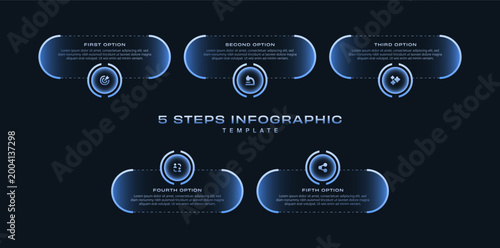 5 step infographic template with graphs, pie chart, workflow and circle diagram. Dark blue neon gradient futuristic style, editable vector for brochure, report, presentation, and web design use