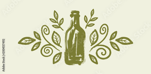 Kombucha bottle vector drawing, organic fermented tea illustration, rustic hand-drawn brush stroke style, fermentation jar botanical leaves folk art icon for artisan label
