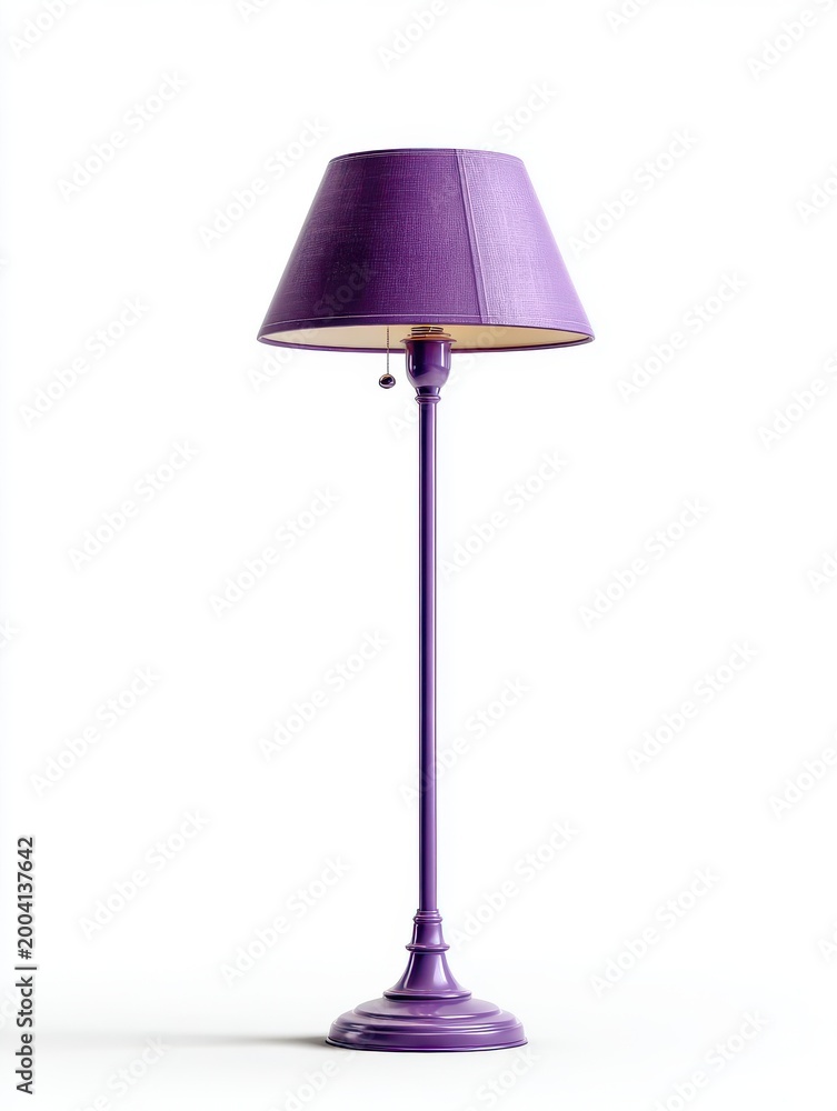 Obraz premium Ornate Purple Floor Lamp with Textured Lampshade and Metallic Base on White Background