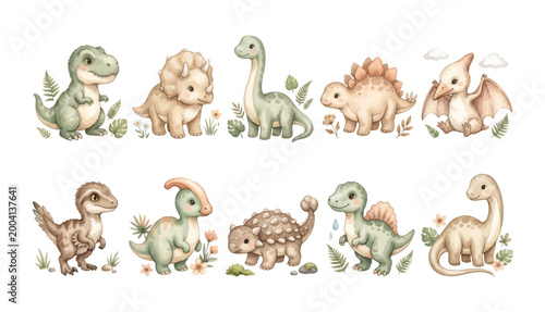 Watercolor Soft Realistic Nursery Dinosaur Clipart Set – Baby T-Rex Triceratops Brachiosaurus Stegosaurus Pteranodon Velociraptor Parasaurolophus Ankylosaurus Spinosaurus Diplodocus Illustration