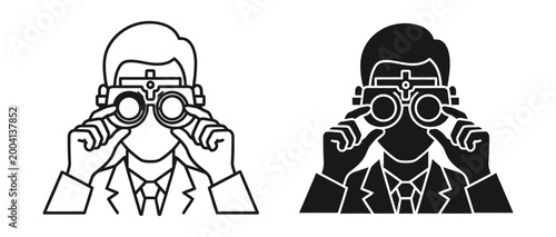 Optometrist icon set with trial frame and phoropter, outline and solid style, white background
