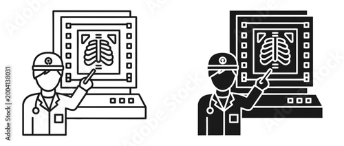 Doctor x-ray icon set with chest scan and medical monitor, outline and solid style, white background