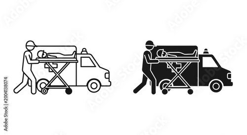 Ambulance icon set with paramedic and patient on stretcher, outline and solid style, white background