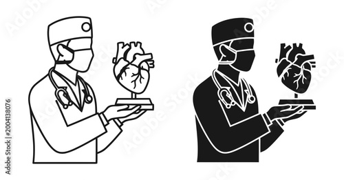 Surgeon cardiologist icon set with human heart and stethoscope, outline and solid style, white background