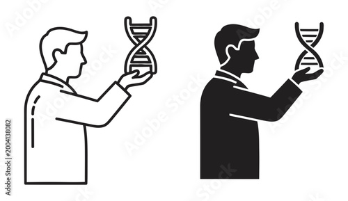 Scientist holding DNA icon set, outline and solid silhouette styles, white background