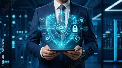 business professional holding glowing digital cloud computing icon with financial symbols in server room
