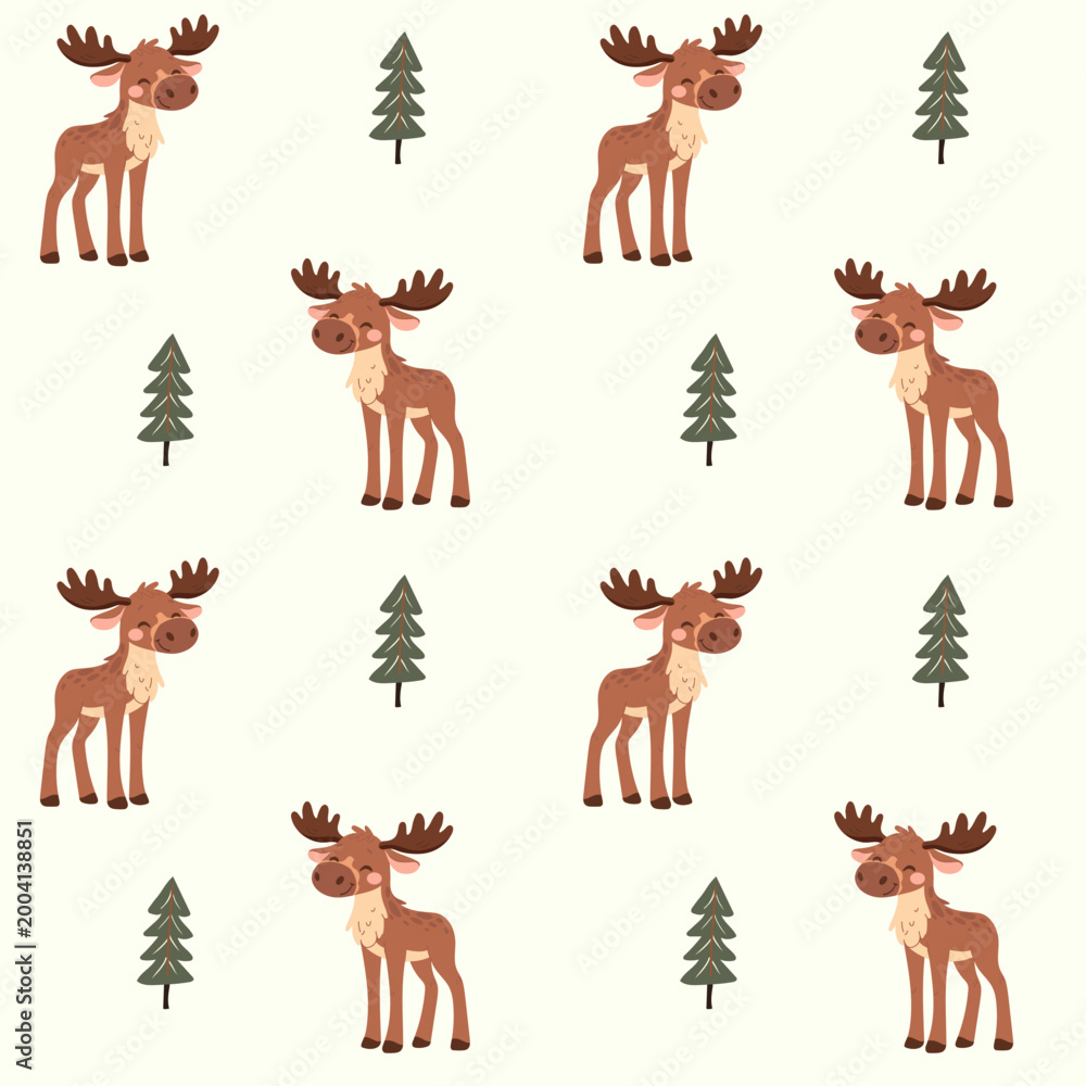 Fototapeta premium Seamless vector pattern with cute moose and pin tree. Forest animal pattern for kids and baby. Perfect for textile, wallpaper or print design and kids decor