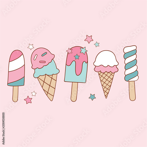 Set of vector ice cream. Hand drawn vector clipart. Summer holiday illustration on isolated background.