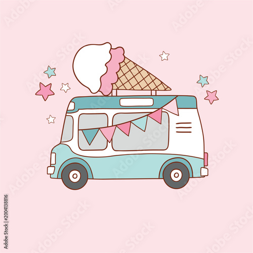 Cute vector ice cream truck on isolated background. Hand drawn car clipart. Summer holiday illustration. 