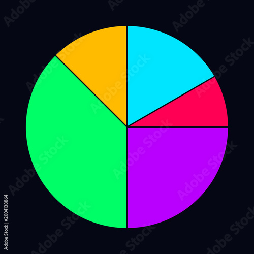 Minimalist neon colored five segment circular pie chart infographic diagram isolated on dark black illustration