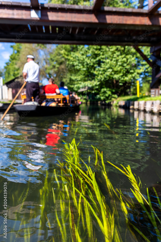 Obraz premium Low angle view through clear canal water shows green plants reflections while wooden boat tourists passes under rustic bridge. Boatman steers gondola along calm Spreewald waterway sunny countryside