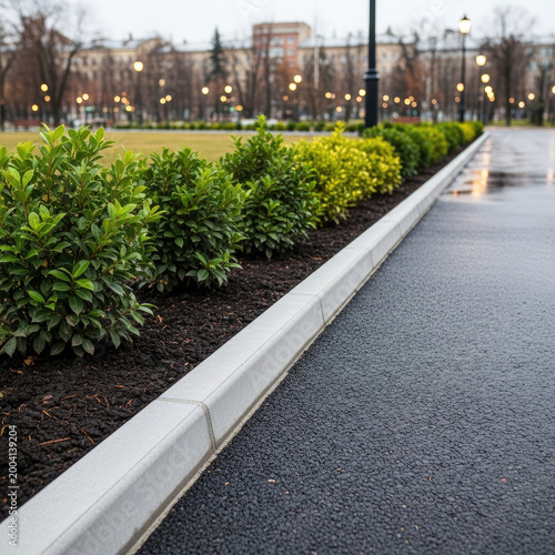 A well-manicured sidewalk with lush greenery on a rainy day in an urban setting