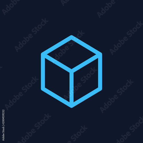 Minimalist blue isometric wireframe cube icon centered on a dark navy square background digital illustration