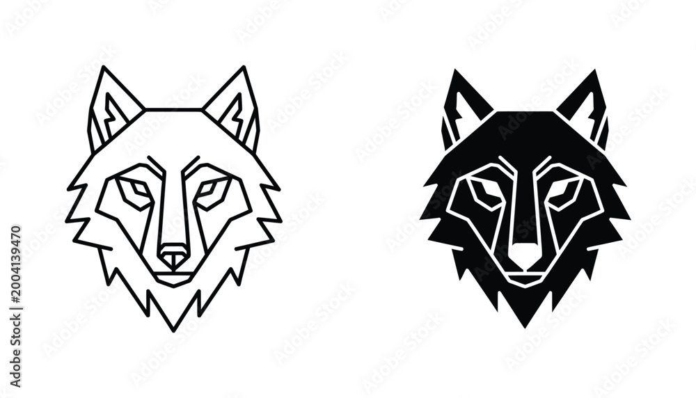 Fototapeta premium Geometric wolf head mascot icon set featuring stylized wild animal in both linear and solid black vector styles for modern branding