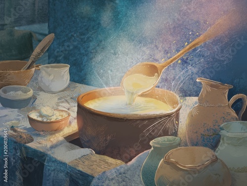 Cozy Pastel Illustration of Ayurvedic Cooking in Rustic Hut