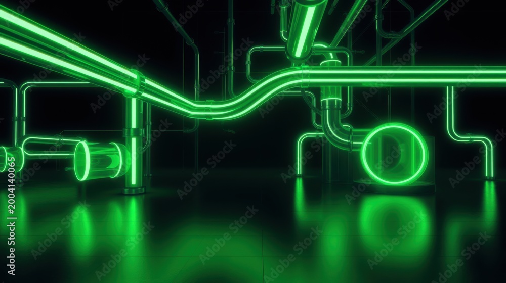 Obraz premium Bright green neon tubes form complex network. Reflections visible on dark glossy floor. Futuristic, abstract design.