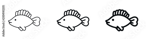 Cute fish cartoon character icon in thin, regular, bold outline styles. Sea animal for aquatic themes, children designs, food packaging. Vector illustration isolated on white background