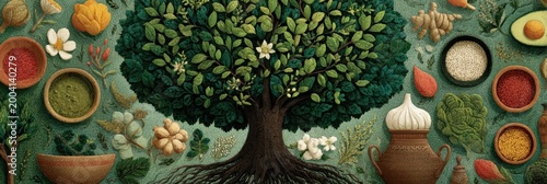 Cheerful Illustration of Ayurvedic Ingredients Forming a Tree