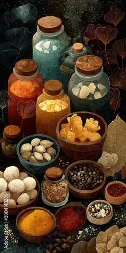 Detailed Illustration of Ayurvedic Spice Jars and Autumn Vibes