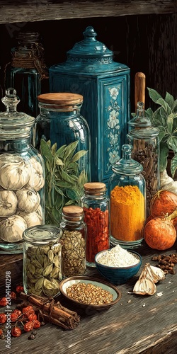 Detailed Illustration of Ayurvedic Spice Jars and Autumn Vibes