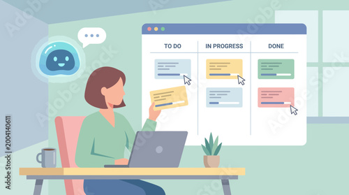 Businesswoman managing tasks with AI chatbot and digital kanban board