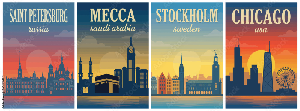 Fototapeta premium Vintage global city travel poster set. Including saint petersburg russia, mecca saudi arabia, stockholm sweden, and chicago usa. Retro vector illustration.
