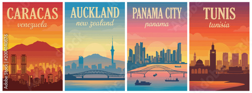 Vintage global travel poster set. Including Caracas Venezuela, Auckland New Zealand, Panama City Panama, and Tunis Tunisia. Retro vector illustration.