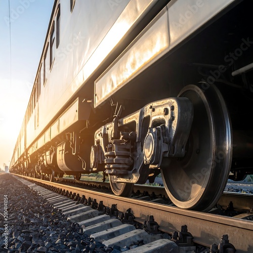Close-up of train wheels on tracks at sunset