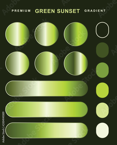Green sunset gradient user interface element set. Features metallic circles and rounded rectangular buttons with solid color swatches. Vector graphic design resources.