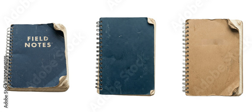 Photos Worn spiral field notebooks with bent corners, blue and kraft covers, rugged vin