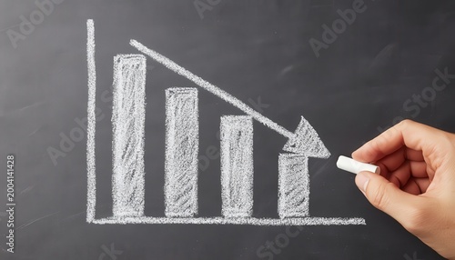 A hand draws a declining bar chart with an arrow on a blackboard, symbolizing decrease or downturn in data or performance.