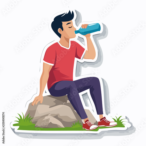 Man drinking water from bottle while sitting on rock