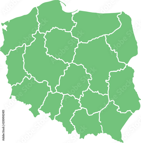 Green map of poland with outlined administrative regions