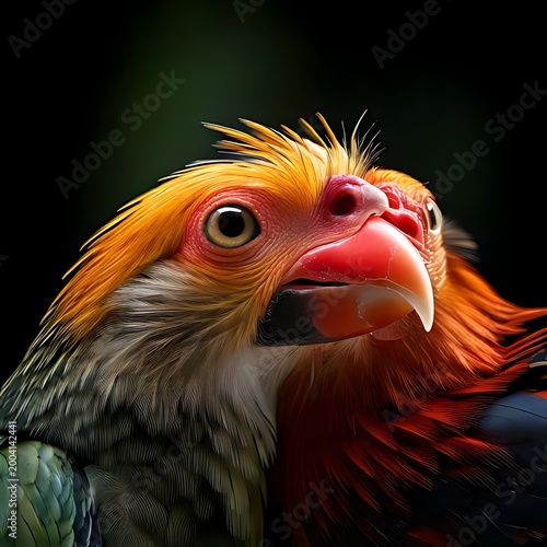 Close-up of two vibrant, crested exotic birds