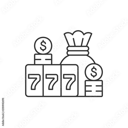 Jackpot linear icon. Top prize in gambling game. Winning large cash reward in lottery. Thin line customizable illustration. Contour symbol. Vector isolated outline drawing. Editable stroke