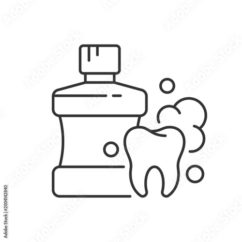 Mouthwash for teeth health linear icon. Oral rinse. Prevent teeth decay. Strengthen enamel. Thin line customizable illustration. Contour symbol. Vector isolated outline drawing. Editable stroke