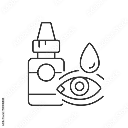 Eye drops linear icon. Relieving dryness and redness. Allergy symptom. Treat viral infection. Thin line customizable illustration. Contour symbol. Vector isolated outline drawing. Editable stroke