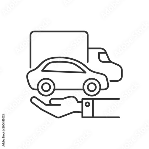 Company owned vehicles linear icon. Business use car. Truck and automobile on the human hand. Thin line customizable illustration. Contour symbol. Vector isolated outline drawing. Editable stroke
